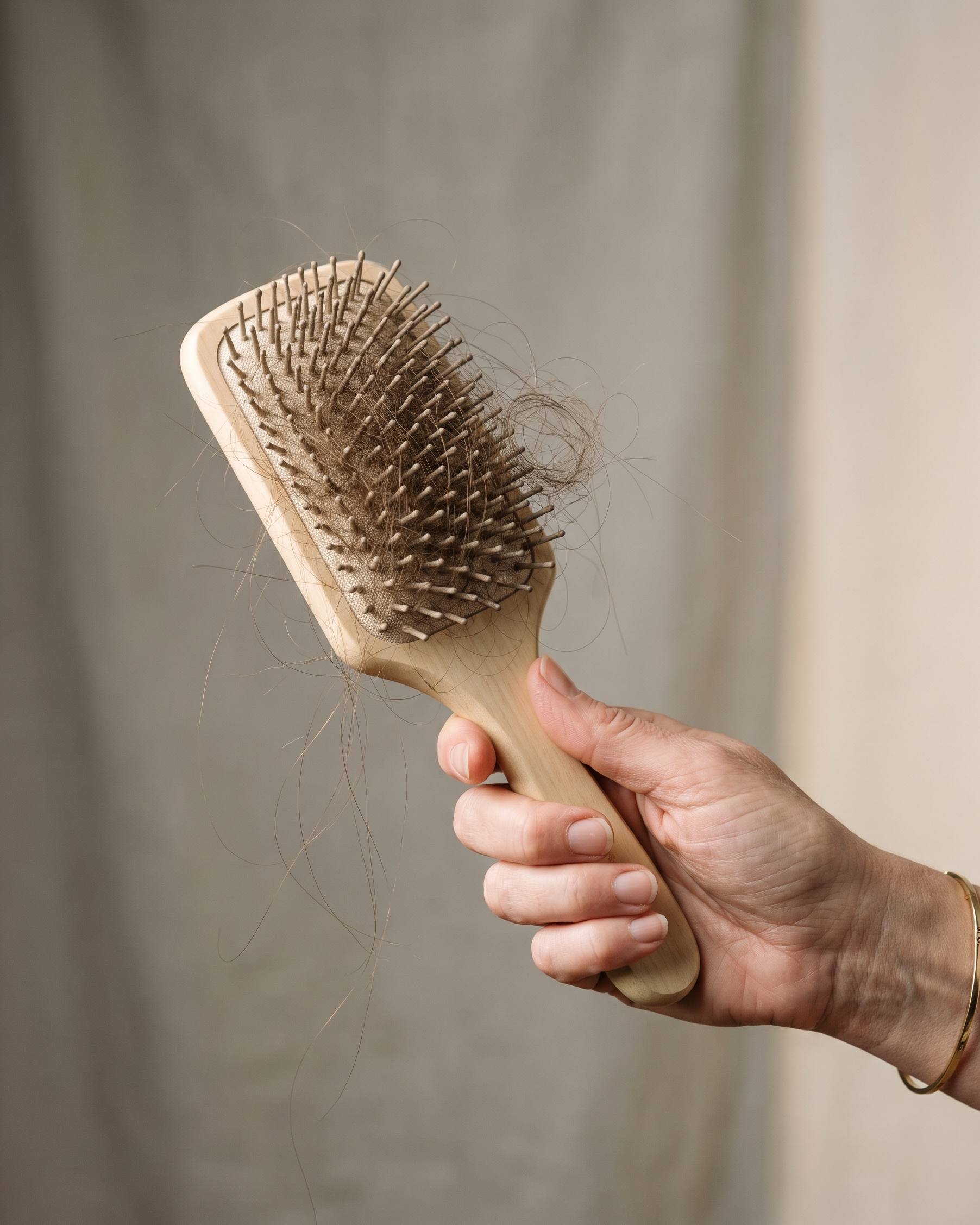 Mão segurando uma escova de cabelo com muitos fios presos entre as cerdas.